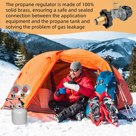 Man camping with orange tent in snow using Tank Top Propane Regulator Valve Kit For Portable Heaters That Plays Nice With SunRite SRC15T SRC30T Dura Heat GR121 HD15 And MH Series Tank Top Heaters Replacement Parts connected to heater.