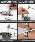 All In One Watch Repair Kit With Battery Replacement Tools, Link Removal Kit in use for watchband adjustment demonstration