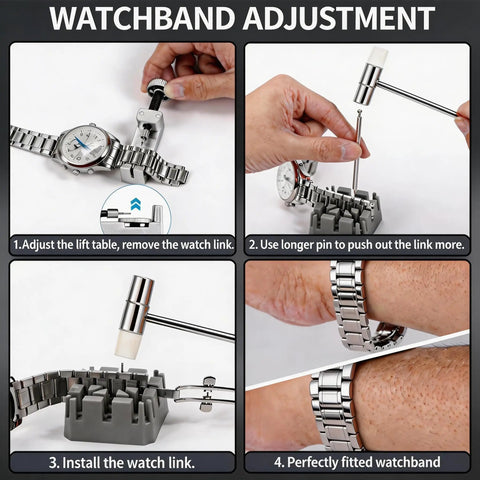 All In One Watch Repair Kit With Battery Replacement Tools, Link Removal Kit in use for watchband adjustment demonstration