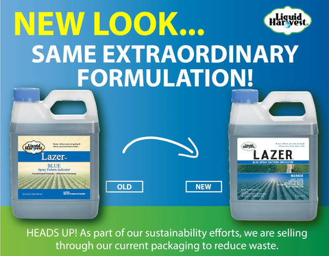 Two 32-oz Liquid Harvest Lazer Blue spray-pattern indicator jugs for lawn and turf marking.