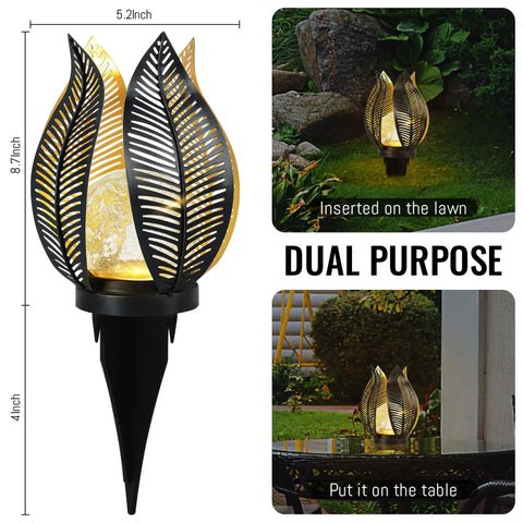 Solar Garden Lights Dope Waterproof Decor Crackle Globe Glass With Metal Palm Leaf Design for outdoor tabletop and lawn