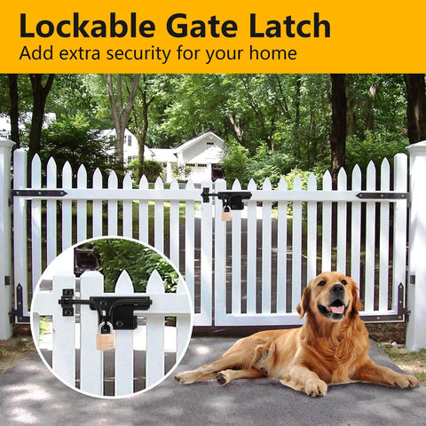 Heavy Duty Slide Bolt Gate Latch With Padlock Hole, installed on white wooden fence gate, shows outdoor secure use.