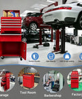 Heavy Duty Rolling Tool Chest With Five Spacious Drawers And Lockable Bottom Cabinet Detachable Mobile Workbench For Garage Storage in a busy workshop.