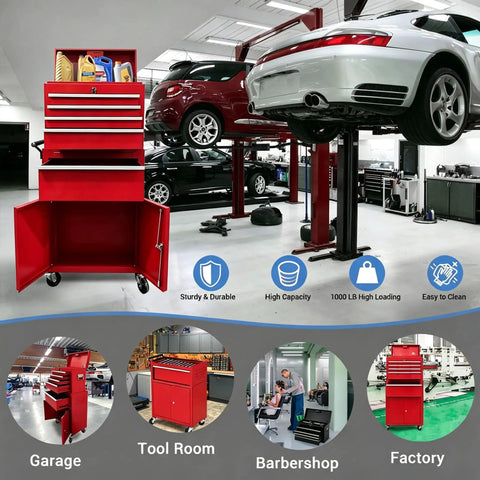 Heavy Duty Rolling Tool Chest With Five Spacious Drawers And Lockable Bottom Cabinet Detachable Mobile Workbench For Garage Storage in a busy workshop.