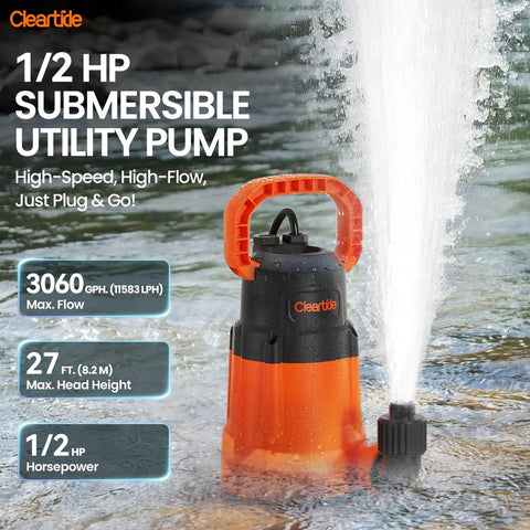 High Performance Submersible Utility Water Pump 1/2HP Portable Sump Pump With 25 Ft Drain Hose For Pond Garden Pool Hot Tub Efficiently Drains Standing Water Quickly And Reliable Daily Cleanup