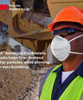 Worker wearing N95 Disposable Respirator Mask Pack of 50 Flat Fold, Individually Wrapped, NIOSH Approved, at construction site