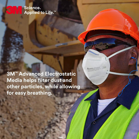Worker wearing N95 Disposable Respirator Mask Pack of 50 Flat Fold, Individually Wrapped, NIOSH Approved, at construction site