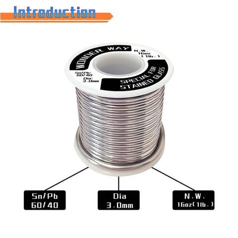 Spool of stained glass solder wire 60/40 no flux core for copper foil Tiffany lamps and glass repairs, 3.0mm diameter, 16oz.