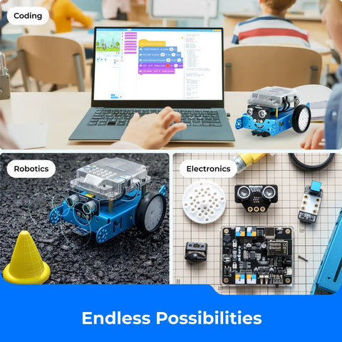 MBot Arduino Robot Kit With Scratch Coding Box For Kids Ages 8 To 12 Learn To Code With Block Based Games And Fun Projects A Hands On STEM Toy To Build Tinker And Master Creative Tech Skills. Blue metal robot kit on laptop and parts