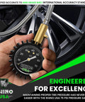 Rhino USA tire pressure gauge with braided stainless hose and brass fittings; front view shows large 2-inch glow dial.