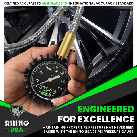 Rhino USA tire pressure gauge with braided stainless hose and brass fittings; front view shows large 2-inch glow dial.