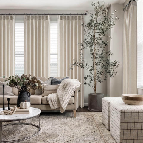 Pinch Pleated 78 Inch Curtains Two Panels For Living Room With Cozy Light Brown Linen Look Drapes For Track System Light Filtering Semi Sheer For Dining Bedroom And Office installed in living room