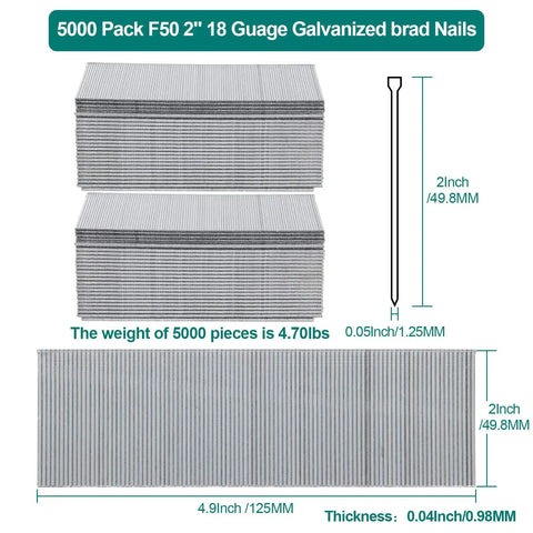 5000 Pack 18 Gauge Brad Nails 2 Inch Galvanized For Nail Gun And Pneumatic Staple Guns Heavy Duty For Furniture Cabinetry Trim Molding