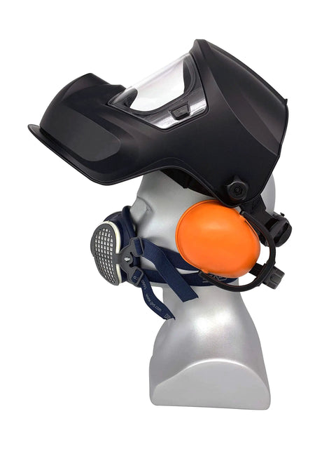 Professional Grinding Face Shield Featuring Anti Fog Lens And Wide View Protector For Industrial Work And Woodworking Shops Built Tough To Handle Gnarly Debris No Stress At All Top Tier side profile with respirator and ear protection.