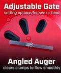 Adjustable gate and auger of Pro Grade 100 Lb Spreader With Stainless Steel Frame And Red Weather Resistant Hopper Enclosed Gearbox