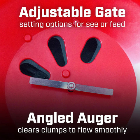 Adjustable gate and auger of Pro Grade 100 Lb Spreader With Stainless Steel Frame And Red Weather Resistant Hopper Enclosed Gearbox
