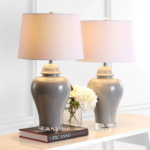 27 Inch Gray Ceramic Urn Table Lamps Set Of 2 With White Linen Shade For Living Room And Bedroom, LED Bulbs Included, ETL Listed