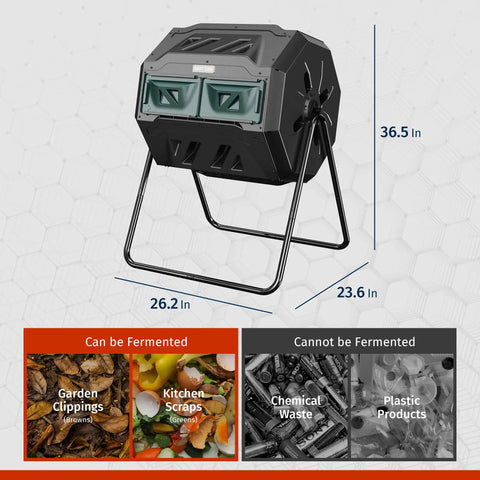 Dual Chamber Compost Bin With Two Sliding Doors And Aeration System, 43 Gallon Tumbling Rotating Composter dimensions and use guide