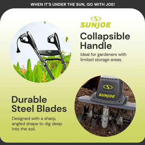 Corded Electric Garden Tiller And Cultivator With Steel Tines, 16 Inch Width, 12 Amp Motor, Workhorse Tiller showing handle and blades