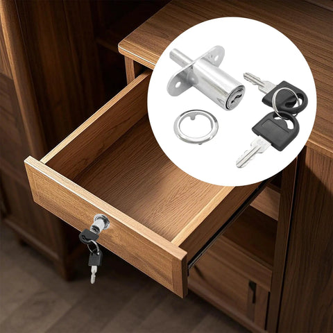 Solid Push Plunger Lock With Two Spare Keys For Cabinets Drawers And Closet Doors Chrome Zinc Alloy in open drawer.