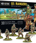 Box of US Rangers 28mm Plastic Miniatures For World War II Tabletop Wargaming with highly detailed figures and weapon options.