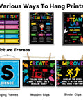 16 Piece STEAM Science Poster Set For Classrooms With Adhesive Dots And Eye Catching STEAM Banner Includes 16 Motivational Posters For Technology, Engineering, Arts And Math Decor For Bulletin Boards, Doors, Hallways, Back To School Calm Corners, showing various hanging methods.