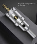 Angled view: 3-inch tungsten carbide tipped hole saw cutter with titanium-plated pilot bits for metal