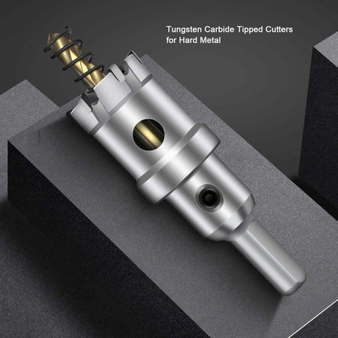 Angled view: 3-inch tungsten carbide tipped hole saw cutter with titanium-plated pilot bits for metal