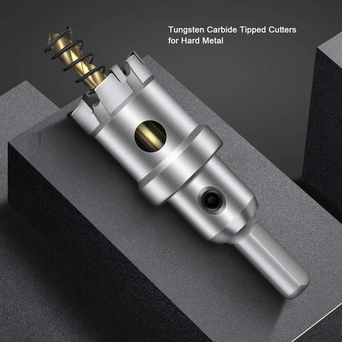 Tungsten carbide tipped cutter from 8 Piece Beefy TCT Hole Saw Kit For Hard Metal With Titanium Tipped Cutters And Pilot Drill Bit