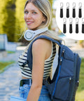 Woman with backpack showing 10 Piece Leather Zipper Pull Replacement Kit For Luggage Backpacks Jackets Purses Handbags And Suitcases Durable PU Leather And Zinc Alloy 2.68 X 0.51 X 0.12 Inches Easy No Tool Install.