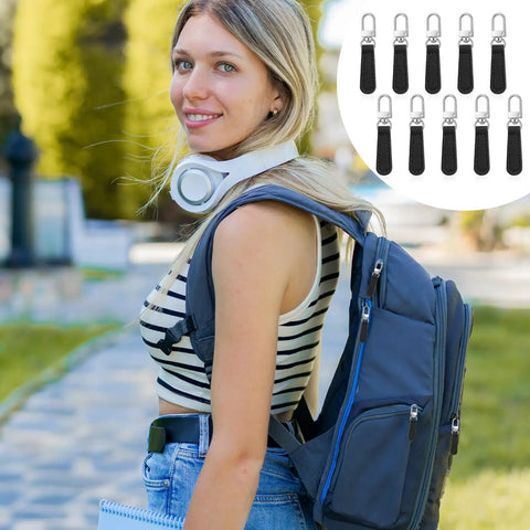 Woman with backpack showing 10 Piece Leather Zipper Pull Replacement Kit For Luggage Backpacks Jackets Purses Handbags And Suitcases Durable PU Leather And Zinc Alloy 2.68 X 0.51 X 0.12 Inches Easy No Tool Install.