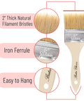Diagram of 2-inch chip paint brush showing thick natural bristles, iron ferrule, and easy-to-hang handle design.