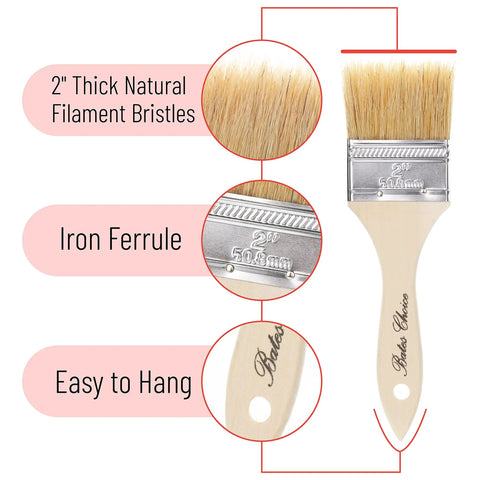 Diagram of 2-inch chip paint brush showing thick natural bristles, iron ferrule, and easy-to-hang handle design.