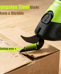 Cordless Electric Fabric Scissors With Rechargeable Power Shears cutting a cardboard box with a tungsten steel blade.