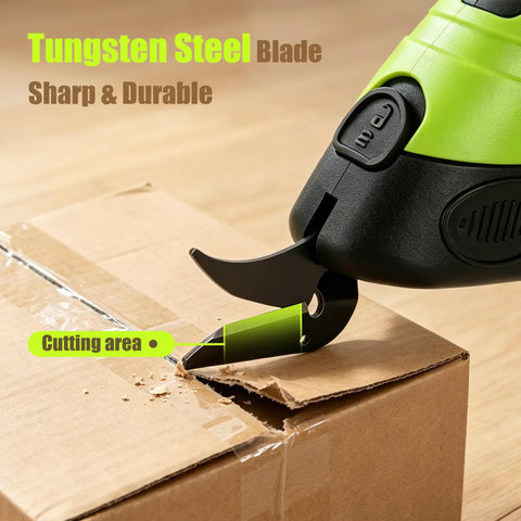 Cordless Electric Fabric Scissors With Rechargeable Power Shears cutting a cardboard box with a tungsten steel blade.
