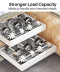 Heavy Duty Pull Out Cabinet Organizer Expands To Fit Twelve Through Twenty Inches with weights stored in white metal drawers.