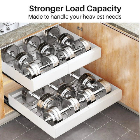 Heavy Duty Pull Out Cabinet Organizer Expands To Fit Twelve Through Twenty Inches with weights stored in white metal drawers.