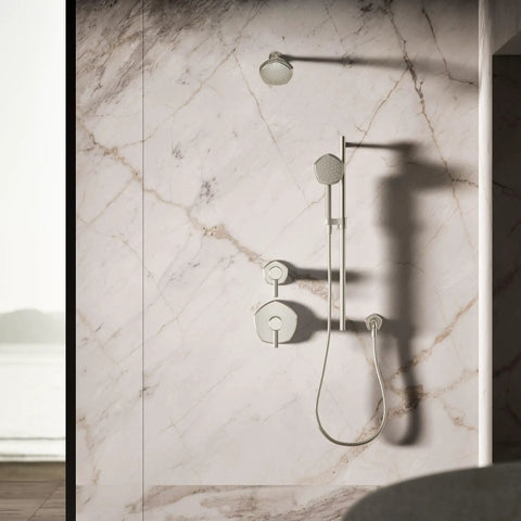 Single Function Handheld Showerhead With Katalyst Technology for Full Coverage Drench, Vibrant Brushed Nickel in marble bathroom