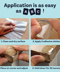 Application steps for Transparent PVC Corner Protectors For Baby Safety And Furniture Edge Guards, showing use with adhesive.