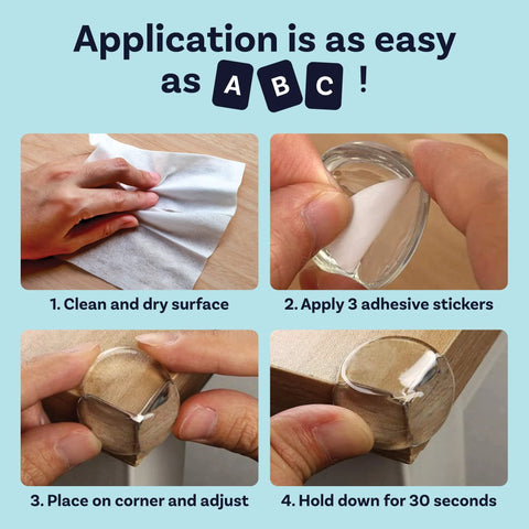 Application steps for Transparent PVC Corner Protectors For Baby Safety And Furniture Edge Guards, showing use with adhesive.