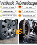 Before and after using 60 Piece Tire Repair Nails Kit With Four Sizes For Quick DIY Self Service Tire Fix with product advantages listed.