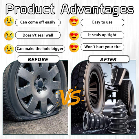 Before and after using 60 Piece Tire Repair Nails Kit With Four Sizes For Quick DIY Self Service Tire Fix with product advantages listed.