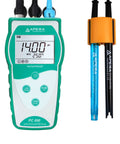 PC850 Portable Handheld pH and Conductivity Multi Parameter Meter Kit Pro Grade With Auto Calibration, display and probes shown