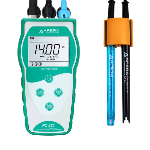 PC850 Portable Handheld pH and Conductivity Multi Parameter Meter Kit Pro Grade With Auto Calibration, display and probes shown