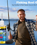 Smiling man holding fishing rod and fish, bottle of 2 Oz Fishing Reel Oil Lubricant Set for Freshwater and Saltwater Reels in foreground.