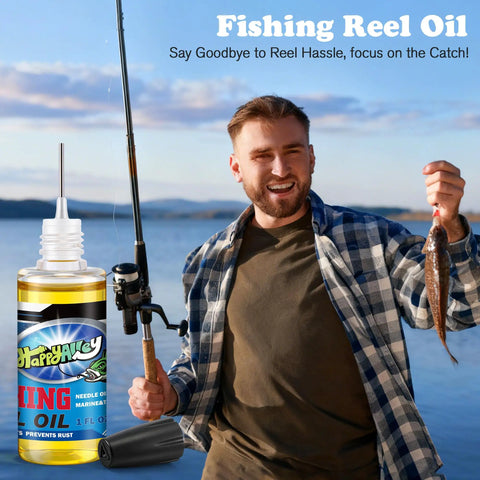 Smiling man holding fishing rod and fish, bottle of 2 Oz Fishing Reel Oil Lubricant Set for Freshwater and Saltwater Reels in foreground.