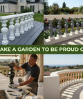 Roman Style Balustrade Molds installed as concrete columns on a garden patio with plants and molding process shown.