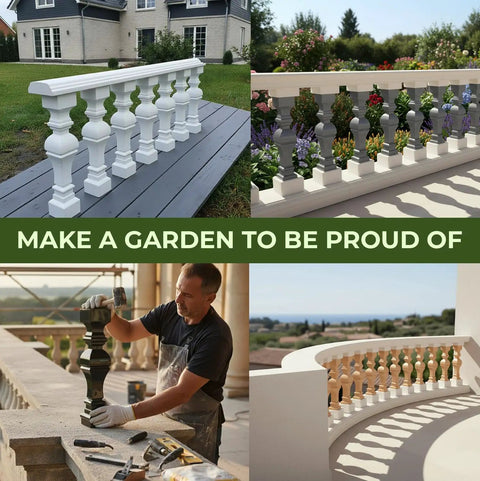 Roman Style Balustrade Molds installed as concrete columns on a garden patio with plants and molding process shown.