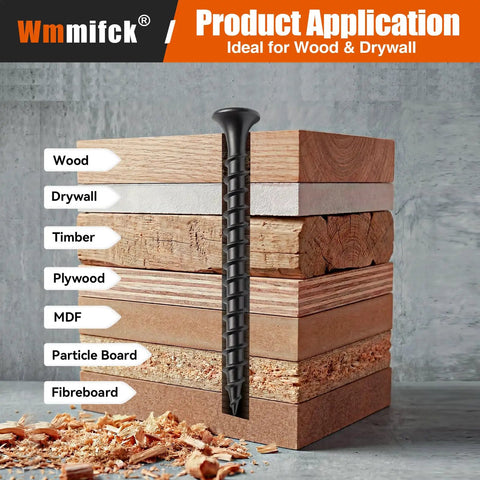 Two Hundred Ten Piece Wood Screws Assortment Kit With Six Sizes From One Half Inch To Two Inches Flat Head Phillips Drywall Screws Black Phosphate Coated Made From 1022A Carbon Steel For Heavy Duty Home And Workshop Projects shown with wood types