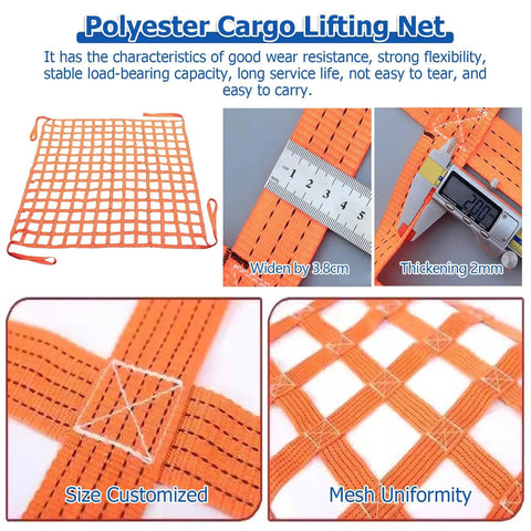 Heavy Duty Cargo Lifting Net With Straps Built Tough For Construction Industry And Port Use 1 To 4 Ton Capacity Industrial Grade Durable Polyester Hoist Net 9.8 Foot Length Mesh 5.9 Inch showing woven polyester material and mesh size details.